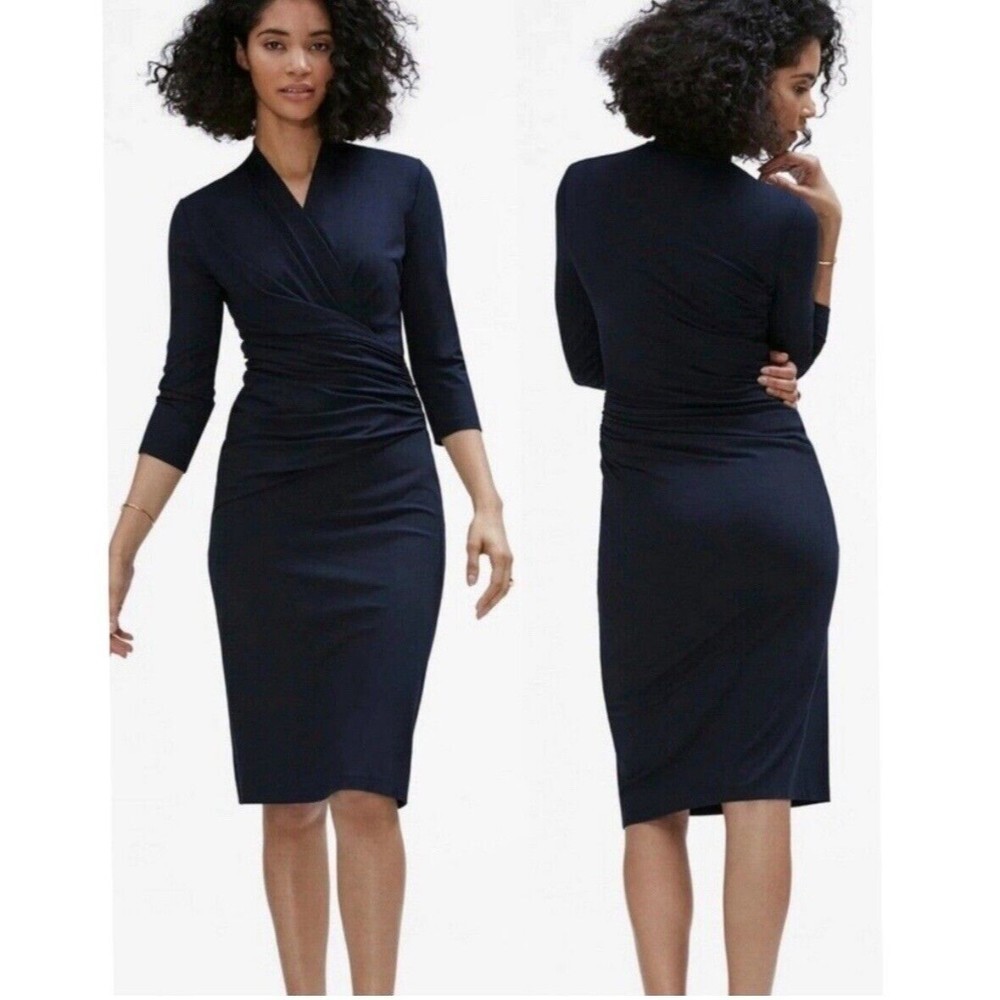 MM.LaFleur Navy Wrap-Style Sheath Dress